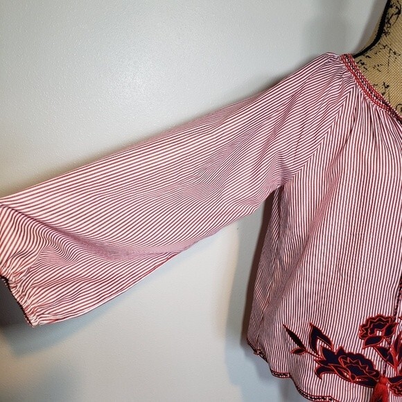 Solitaire Striped Embroidered Long Sleeve Bohemian Lightweight Blouse Size M - Picture 6 of 8